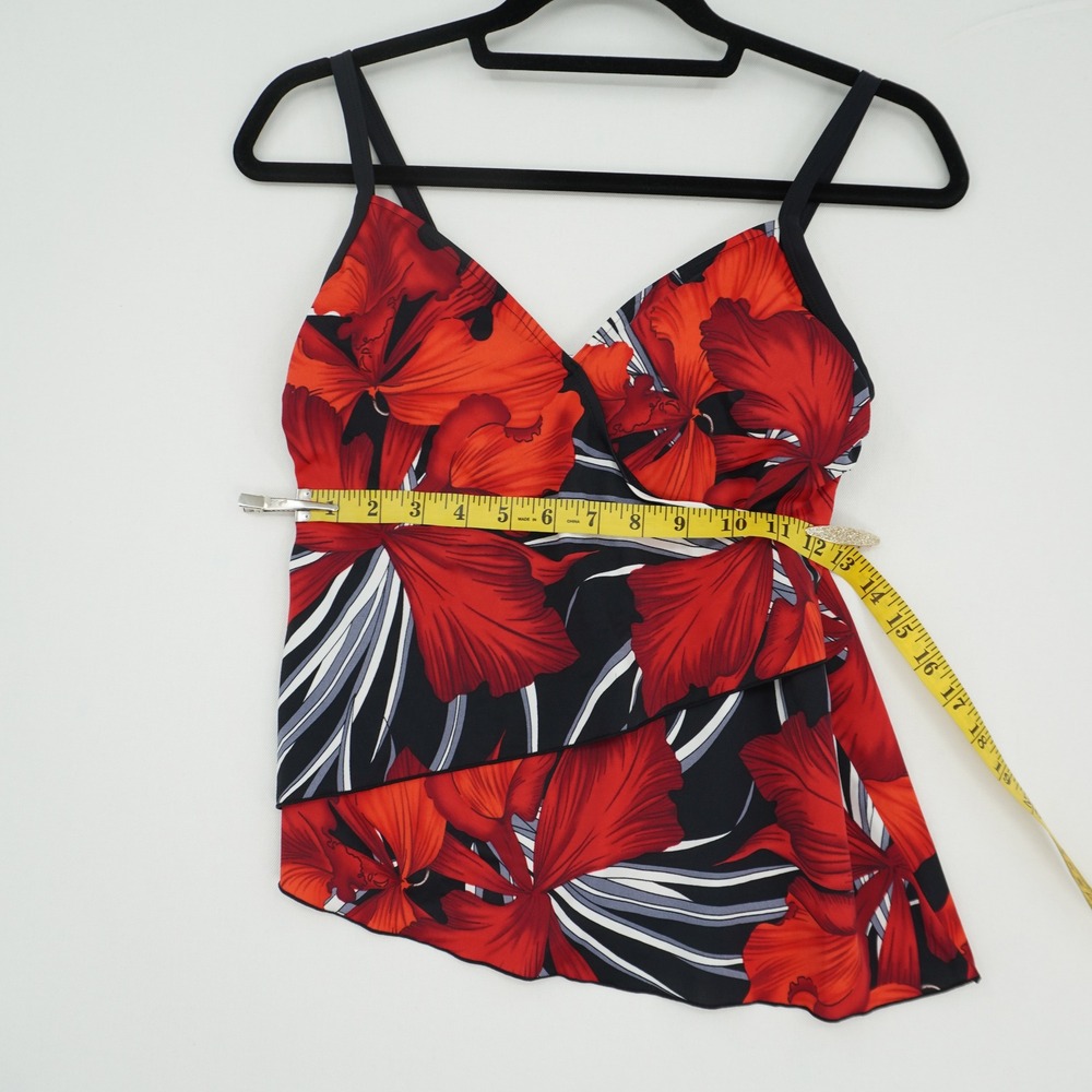 Caribbean Joe Red Tropical Floral Tankini Swim Top Asymmetrical Wrap Size 8 - Picture 4 of 8